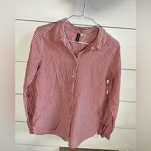 Divided Red and White Striped Button-Up Shirt